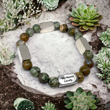 4 Namensglieder – Perlenarmband: Grüner Sparrow-Achat