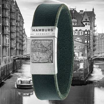 Map (Hamburg) on bracelet - Black leather with your own village