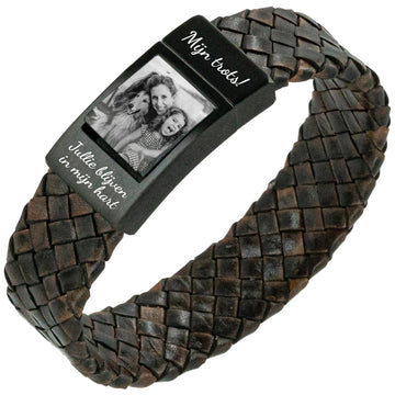 Photo bracelet Ladies <b>Braided brown</b> leather - Own Photo on bracelet