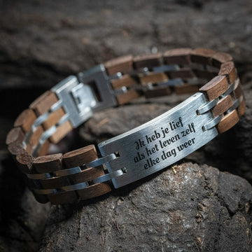 'Own poem on bracelet engraving' - Wide stainless steel wooden bracelet