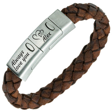 Dreifaches Armband mit Gravur + geflochtenes braunes Lederarmband mit Herzen