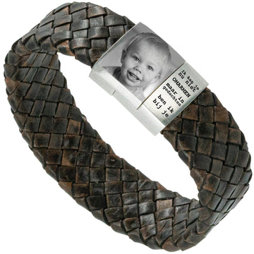 Baby-Fotoarmband mit eigenem Bild – braun Geflochtenes Lederarmband mit Fotogravur