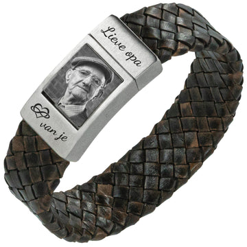 Photo bracelet Men Braided brown leather - Own Photo on bracelet