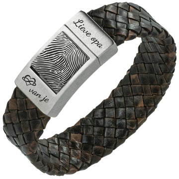 'Dear Grandpa' Fingerprint bracelet - Brown braided leather