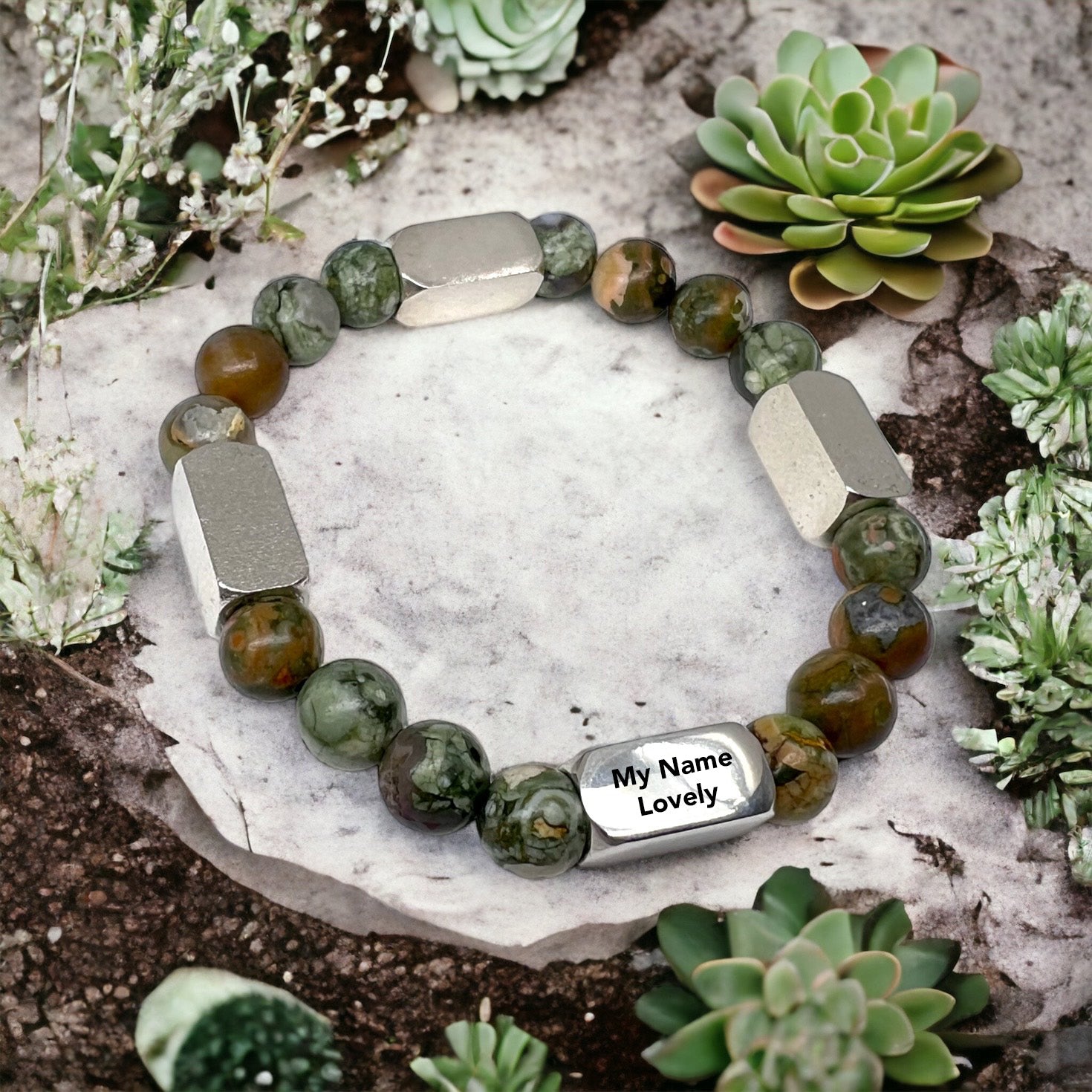 4 Namensglieder – Perlenarmband: Grüner Sparrow-Achat