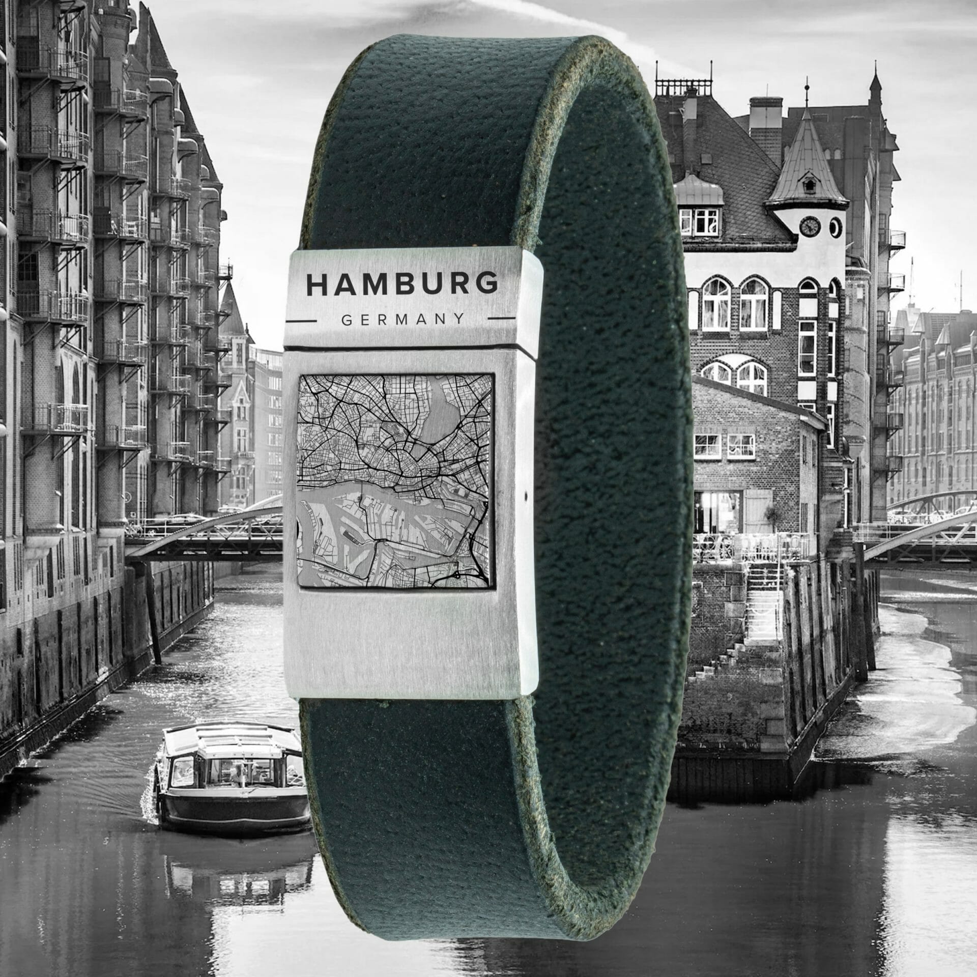 Map (Hamburg) on ​​bracelet - Black leather with your own village