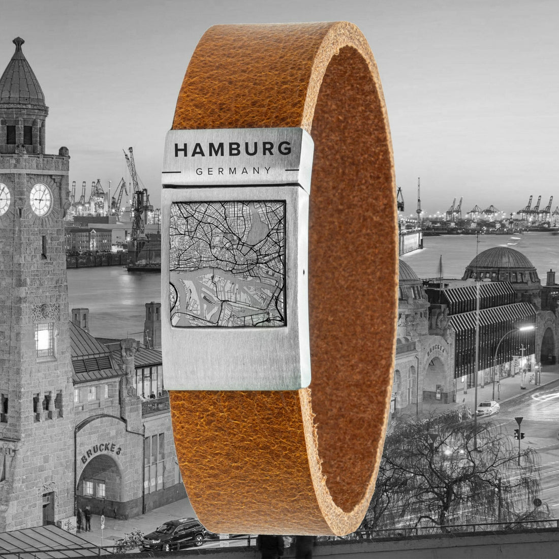Card bracelet <b>Cognac</b> leather with hometown