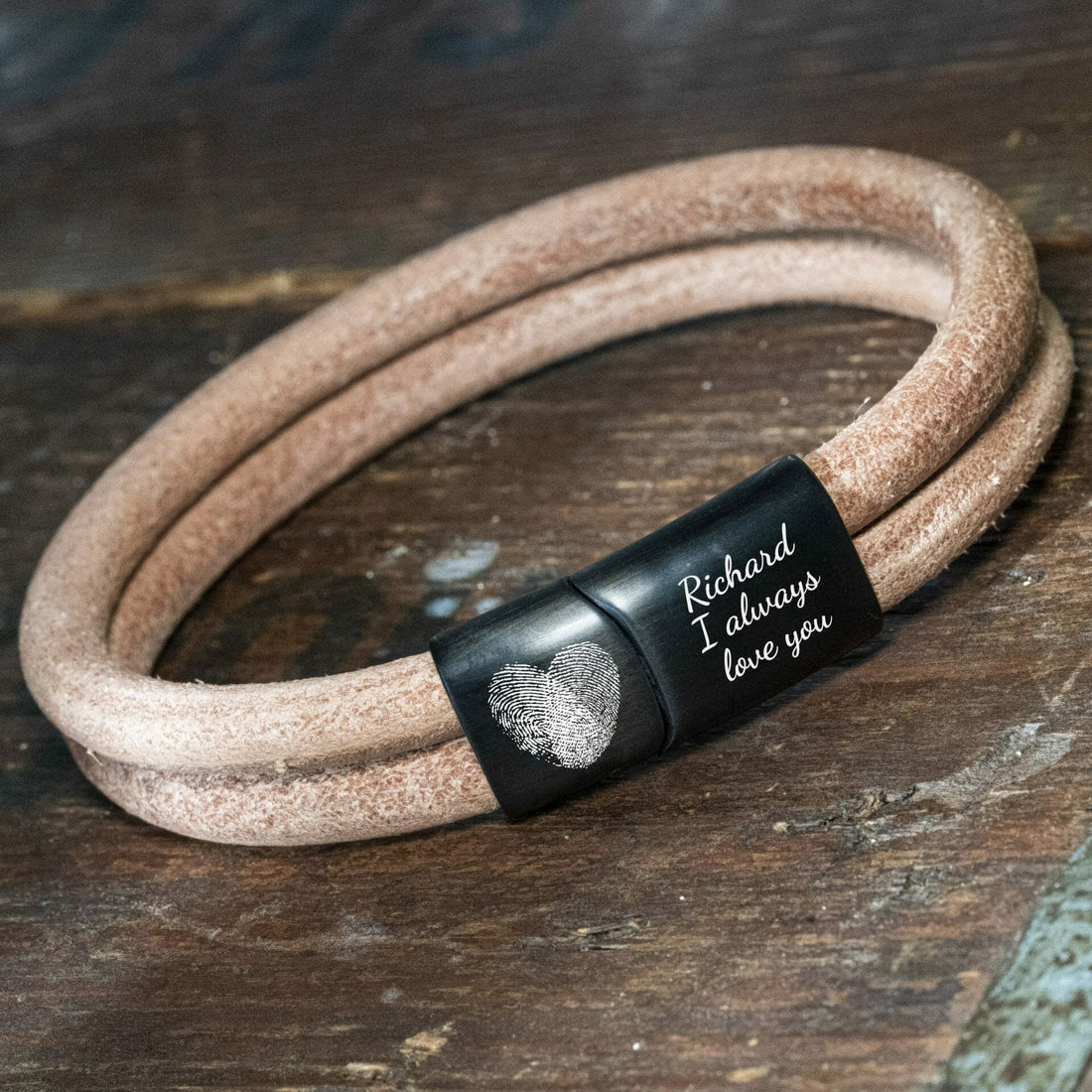 Fingerprint engraving on double braided leather bracelet