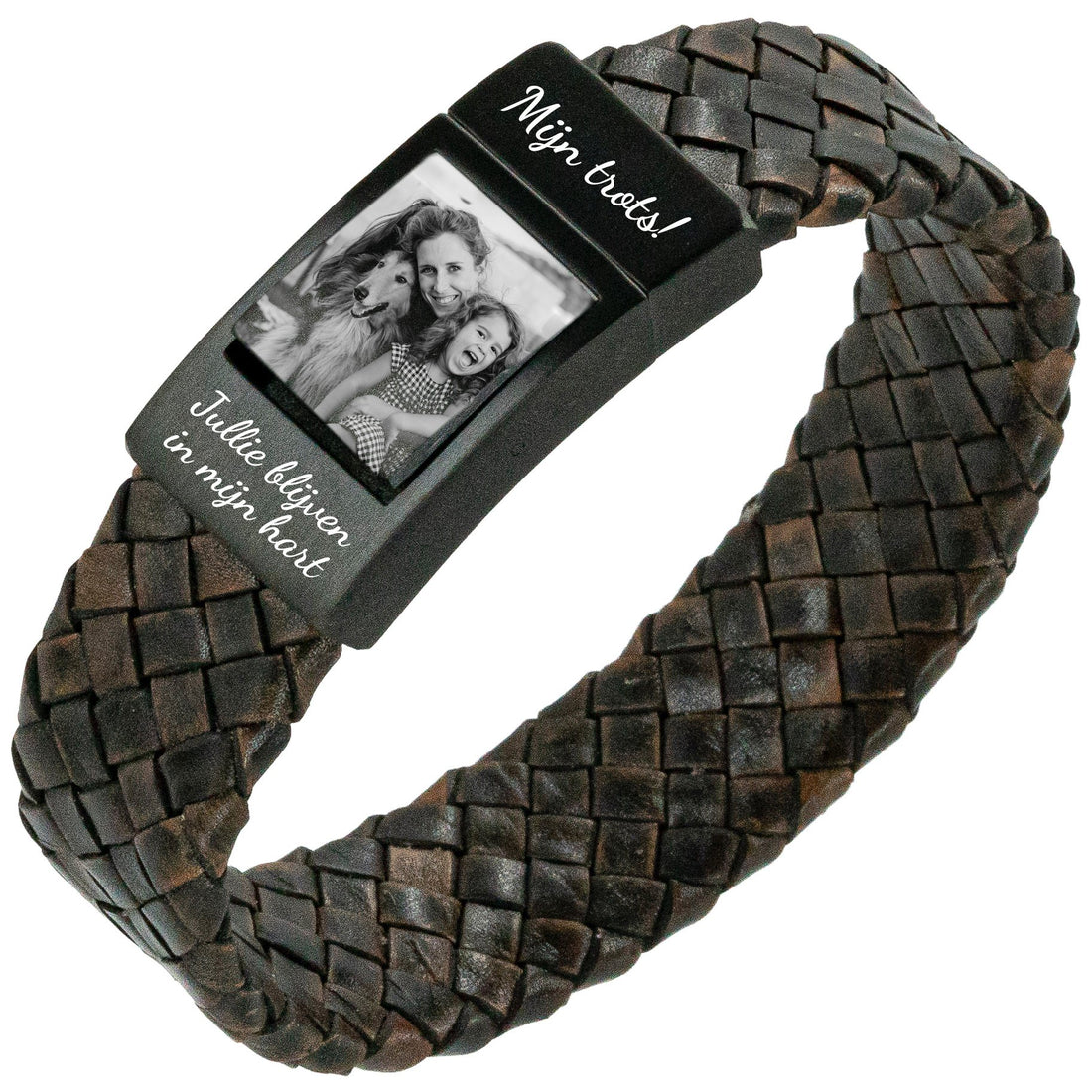 Photo bracelet Men Braided brown leather - Own Photo on bracelet