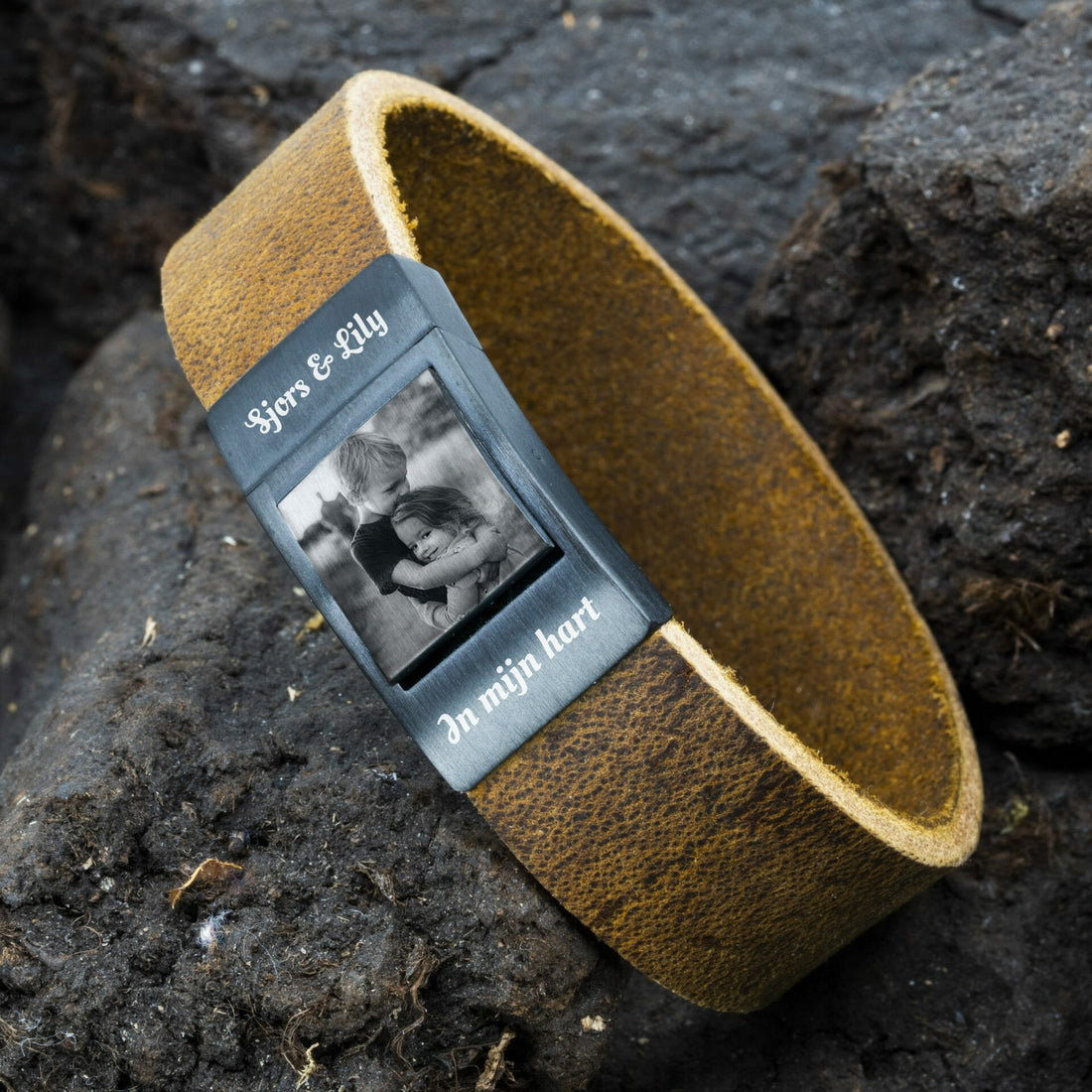 Fotoarmband Herren-Lederarmband mit Fotodruck Schwarz / Braun
