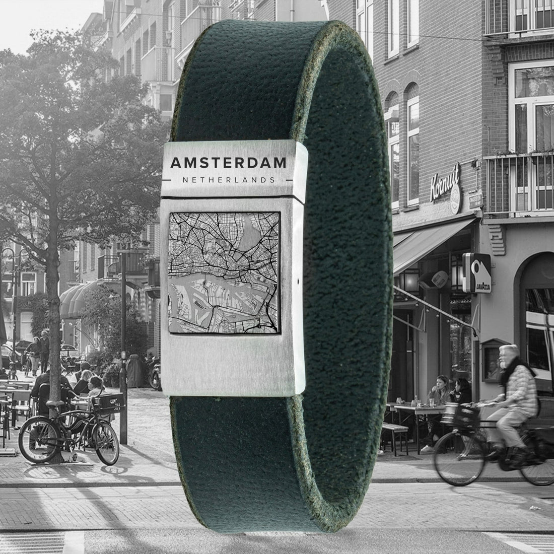 Map (Hamburg) on ​​bracelet - Black leather with your own village