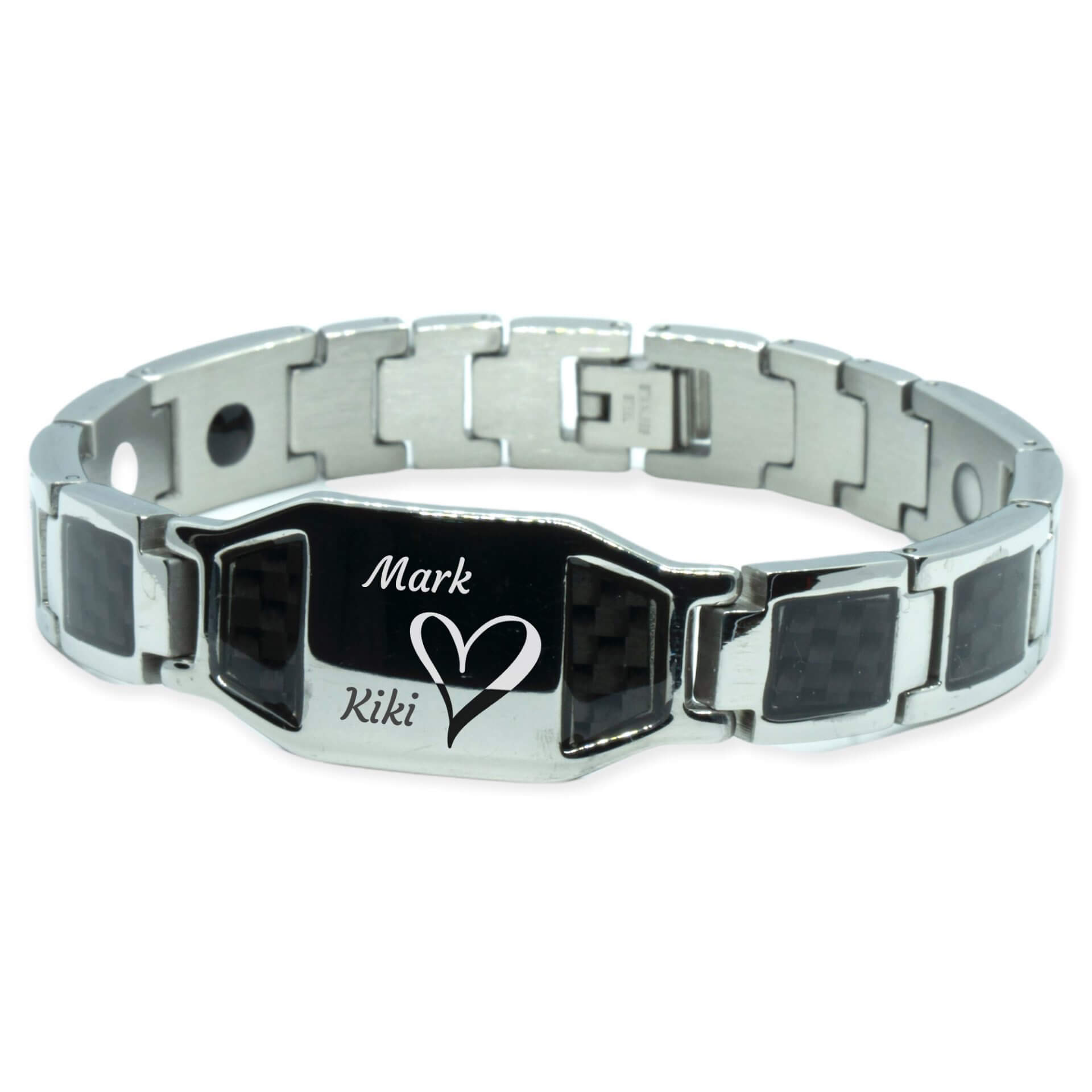 Magnetarmband - Silber Carbon + eigene Namen / Symbol
