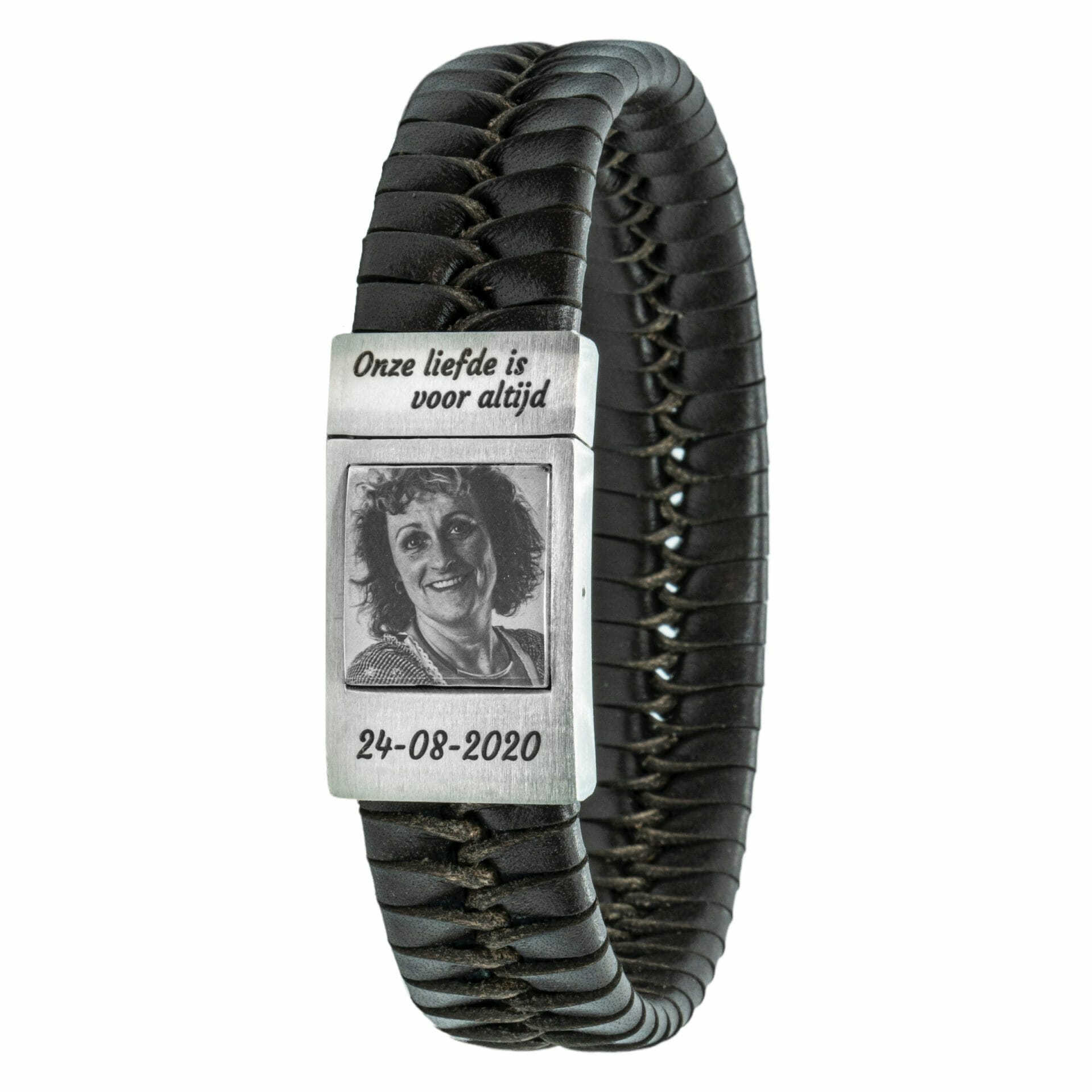 Herren Fotoarmband mit geflochtenem Leder schwarz/braun mit eigenem Foto