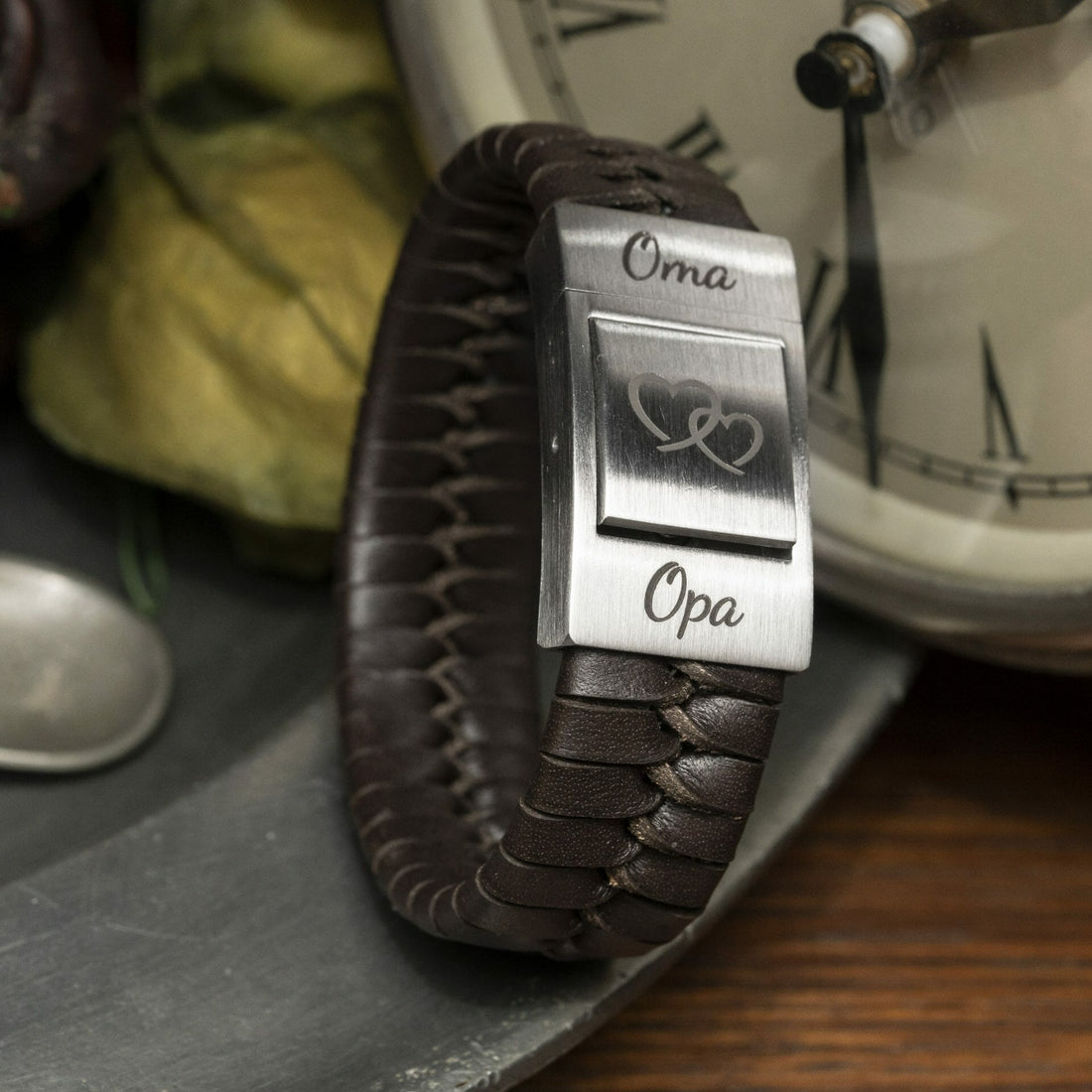 Grandpa and Grandma Fingerprint Engraving Bracelet Braided Leather