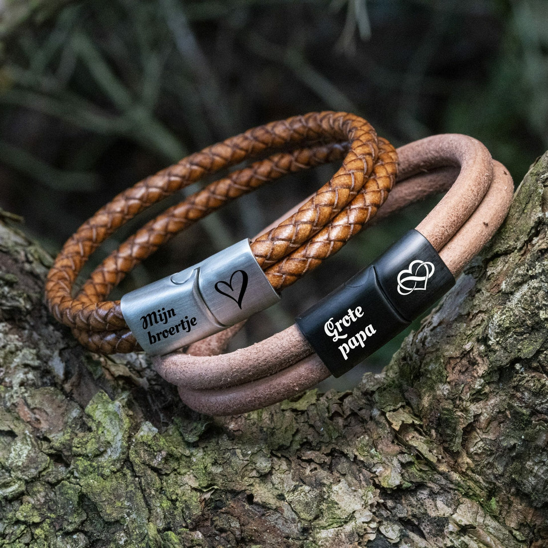 Double light leather bracelet with Fingerprint Heart engraving