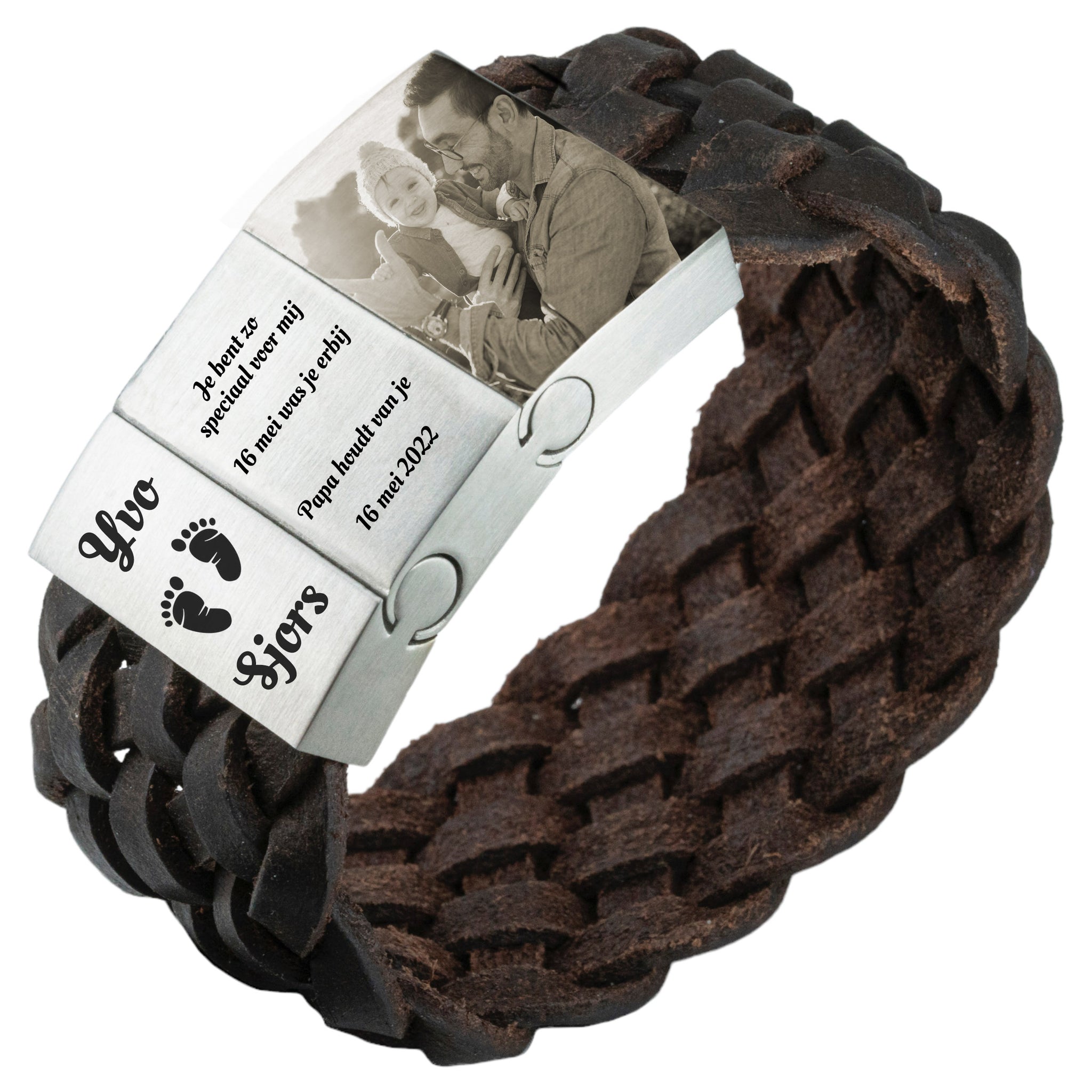 Fotoarmband aus geflochtenem Leder in schwarzem oder braunem Leder – 3 Glieder – Eigenes Foto auf dem Armband