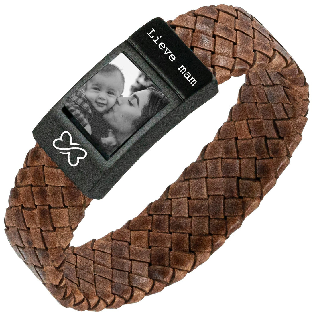 Photo bracelet Ladies <b>Braided brown</b> leather - Own Photo on bracelet