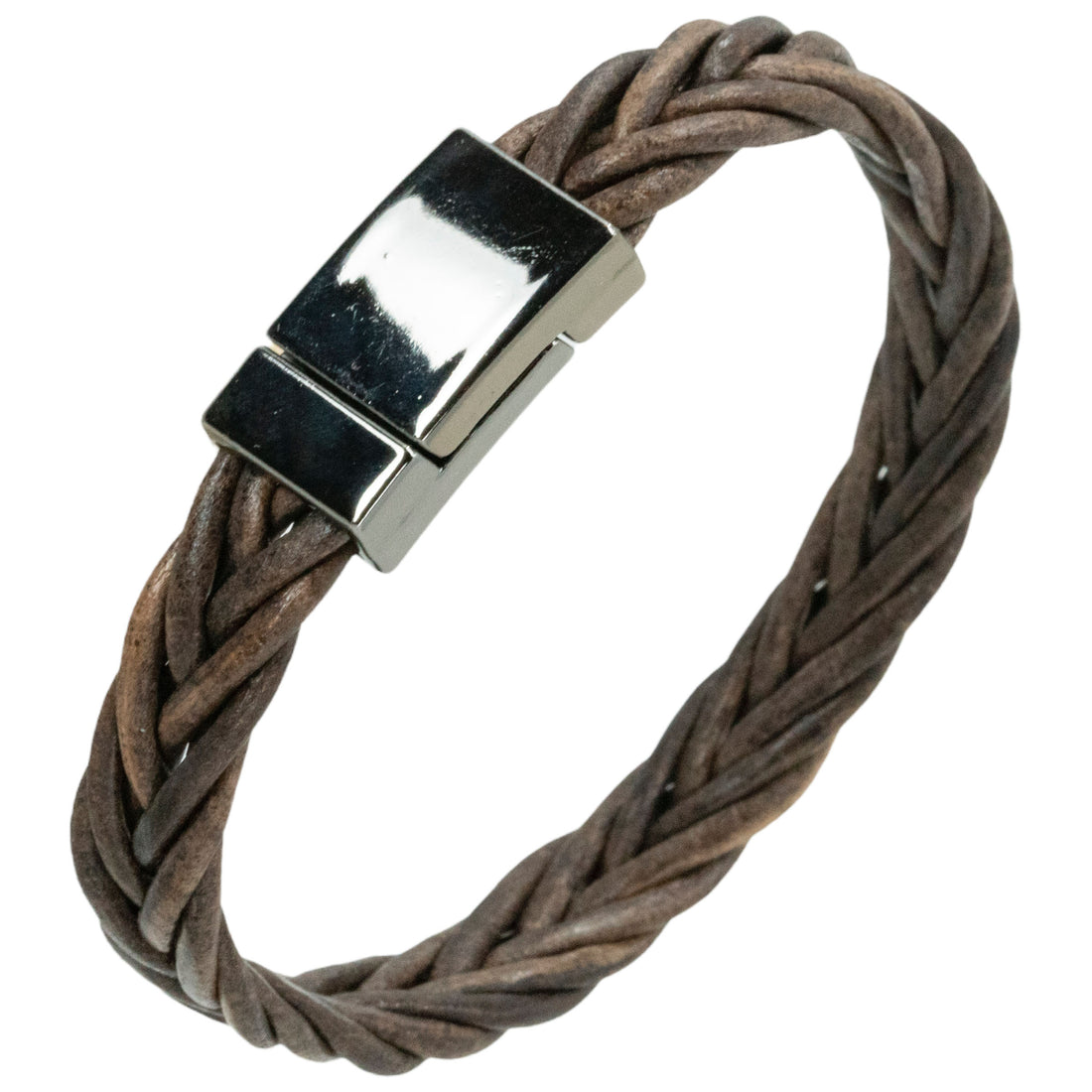 Gunmetal-Armband – geflochtenes braunes Leder