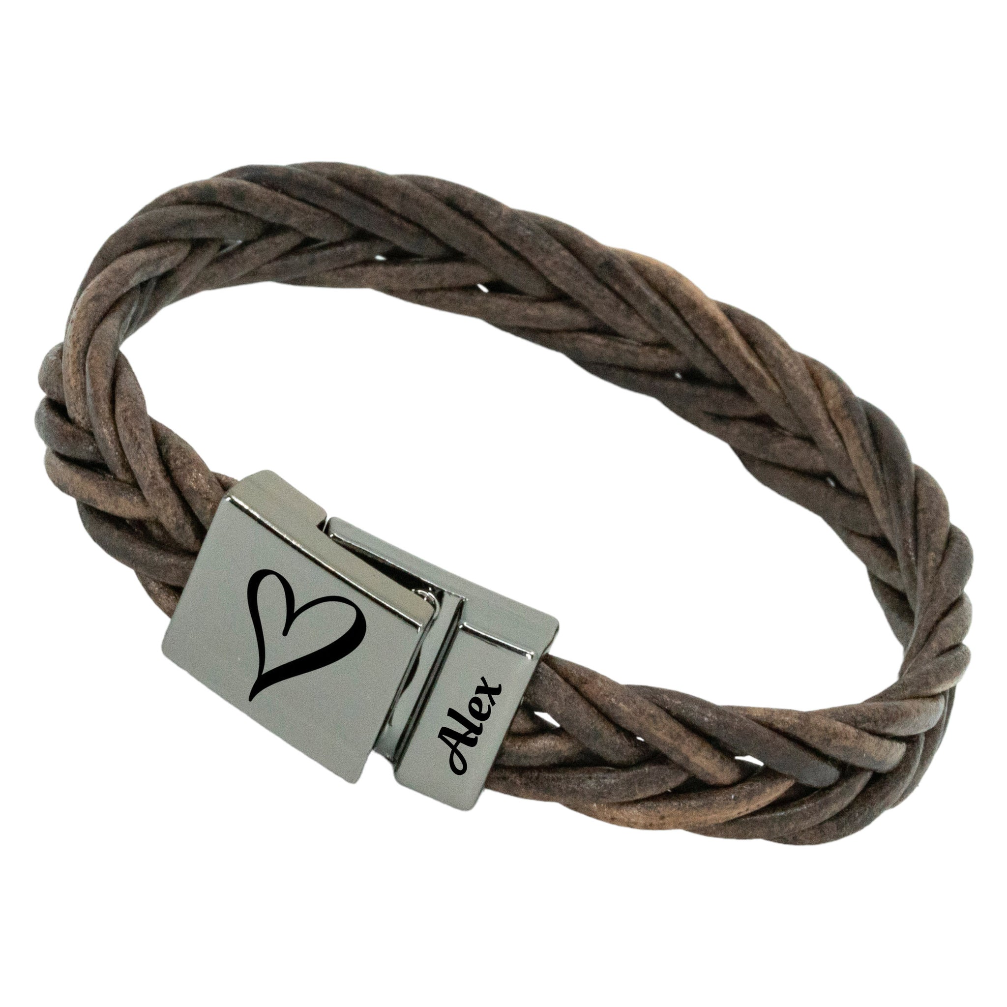 Gunmetal-Armband – geflochtenes braunes Leder