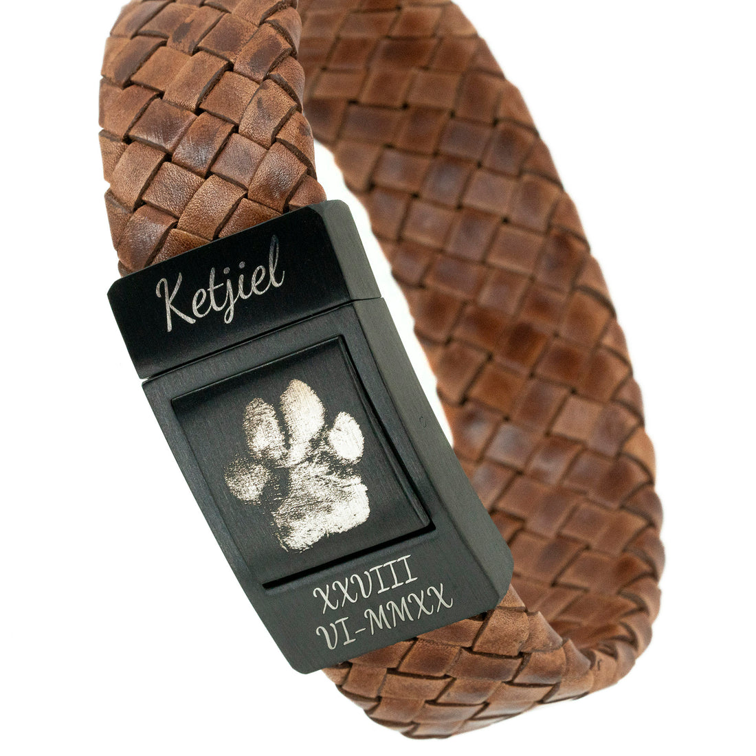 Pootafdruk armband - Gevlochten bruin leer (Hond of Kat)