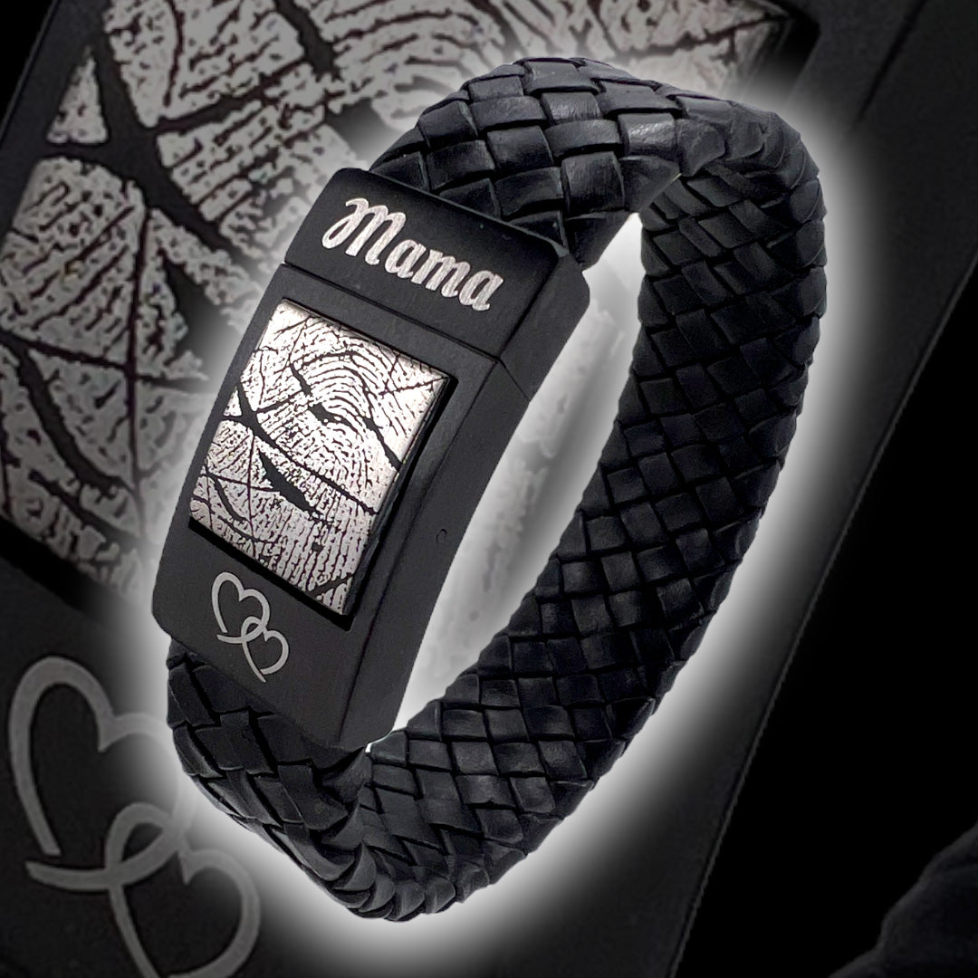 Dad Fingerprint bracelet - <b>Black braided</b> leather
