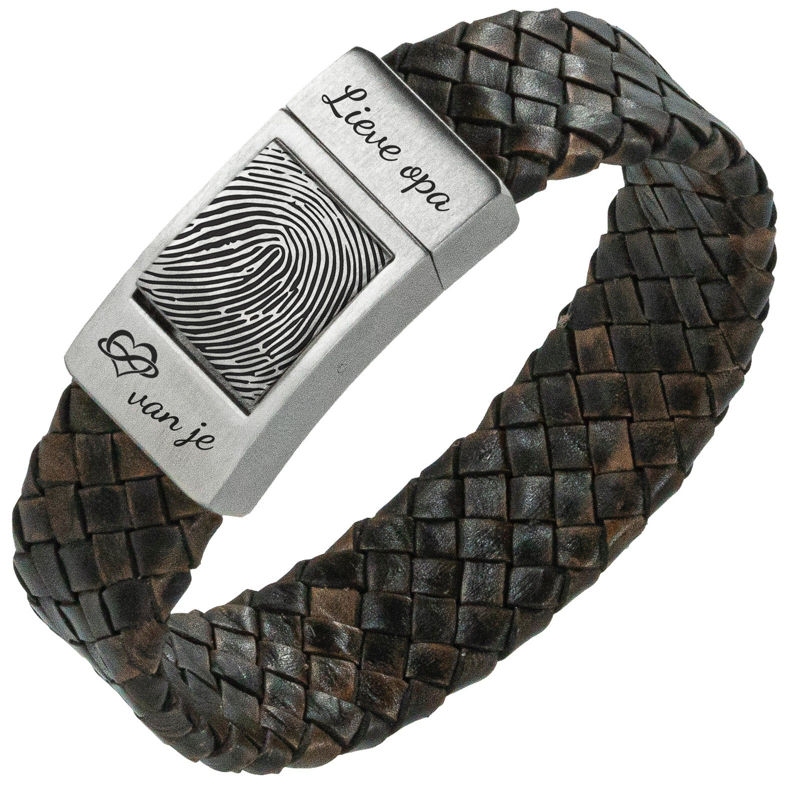 'Lieve opa' Vingerafdruk armband - Bruin gevlochten leer