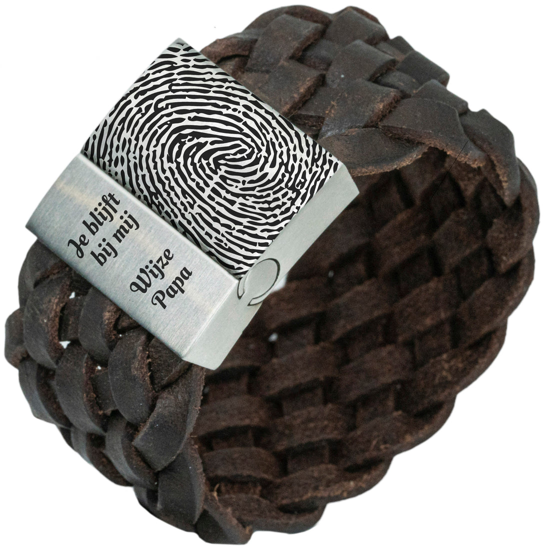 Vingerafdruk op je armband - Zwart of bruin gevlochten leren Armband