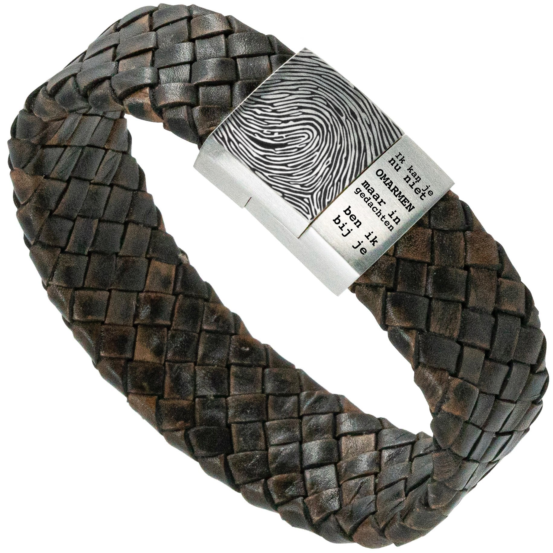 Vingerafdruk op armband maken - bruine <b>Gevlochten</b> leren Armband