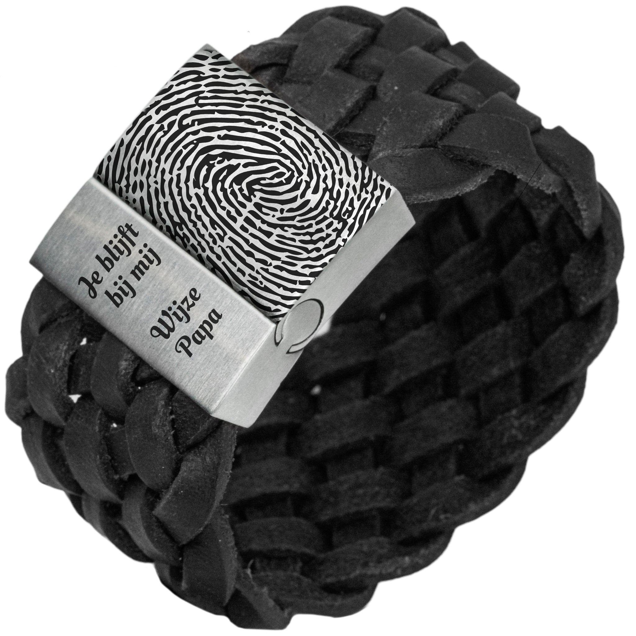 Vingerafdruk op je armband - Zwart of bruin gevlochten leren Armband