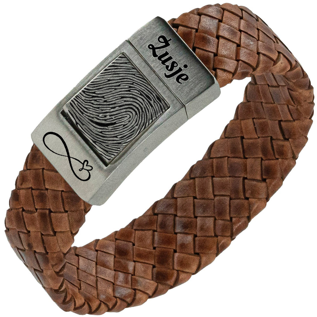 Vingerafdruk armband - Rocky Bruin gevlochten leer
